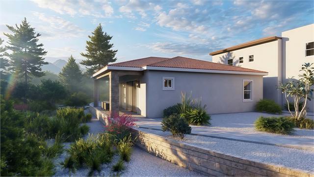 Side patio exterior rendering of the 36 by 41 casita with covered outdoor seating