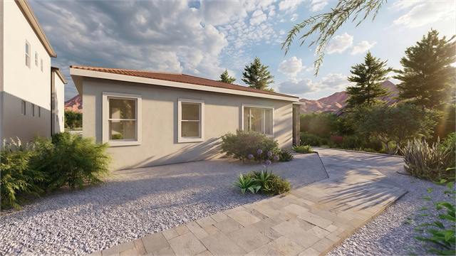 Side yard exterior rendering for the 36 by 41 Arizona casita with stucco walls and tile roof