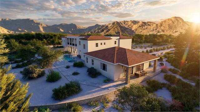 Sunset aerial exterior rendering of a 36 by 41 two bedroom casita and main home