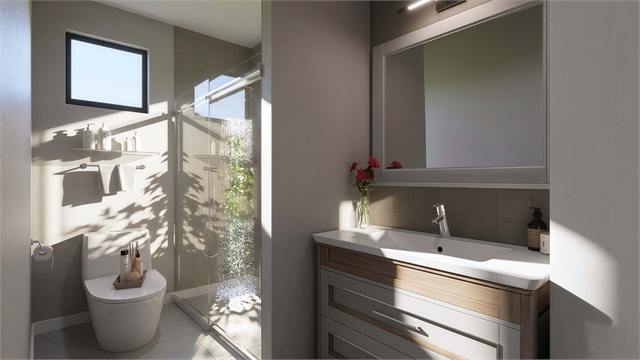 Bathroom vanity and shower rendering for the 36 by 45 two bath casita plan