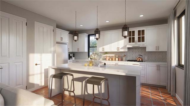 Kitchen island rendering for the 36 by 45 two-bedroom casita floor plan