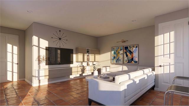 Living room rendering for the 36 by 45 1100 square foot casita floor plan