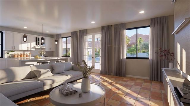 Open living room and kitchen rendering for a 1100 square foot Arizona casita