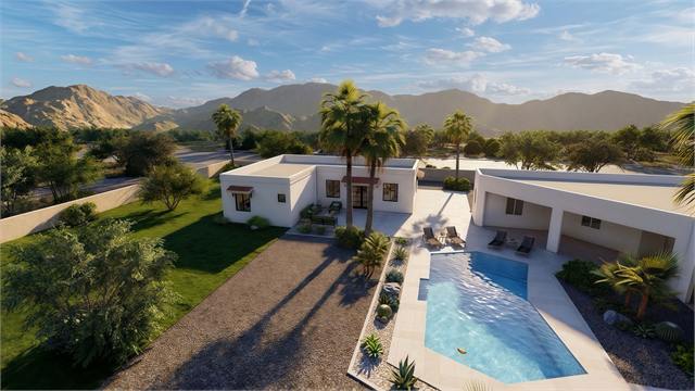 Aerial rendering of the 36 by 45 casita with pool, patio, and mountain views