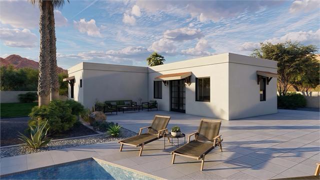 Poolside patio exterior rendering of the 1100 square foot two-bedroom casita