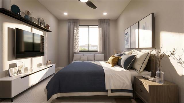 Primary bedroom rendering for the 36 by 45 1100 square foot casita plan