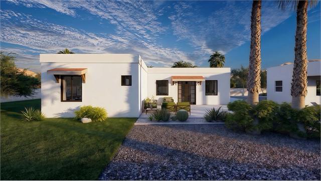 Rear yard exterior rendering of a 36 by 45 Arizona casita with patio seating