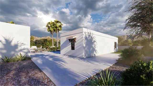 Side courtyard exterior rendering for the 36 by 45 1100 square foot casita plan