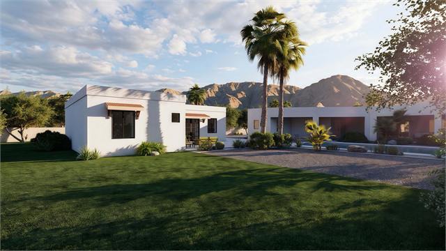 Yard exterior rendering of the 1100 square foot casita beside a main home and pool