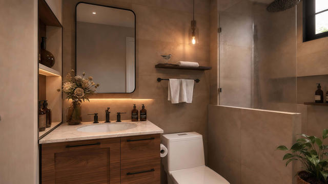 Interior rendering of the full bathroom showing a vanity, toilet, tub and shower, mirror, and earth-tone finishes