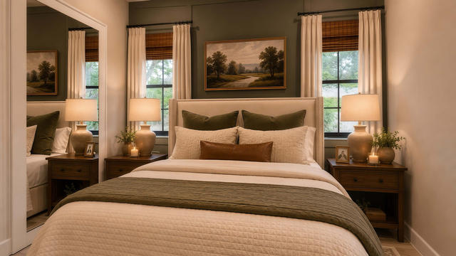 Interior rendering of a bedroom showing a bed, paired windows, nightstands, artwork, and warm neutral finishes