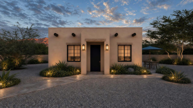Front exterior rendering of the 37 by 32 casita showing the recessed entry, parapet walls, windows, and desert landscaping at dusk