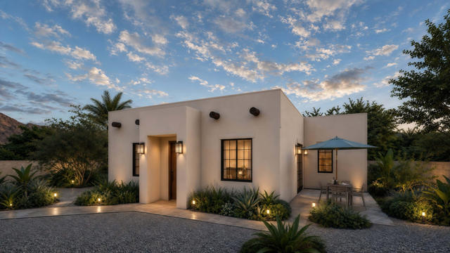 Front three-quarter rendering of the casita showing adobe-inspired wall forms, entry portal, patio edge, and illuminated landscaping