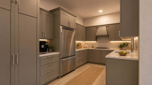 Interior rendering of the kitchen showing gray cabinetry, appliances, peninsula counter, range hood, and under-cabinet lighting