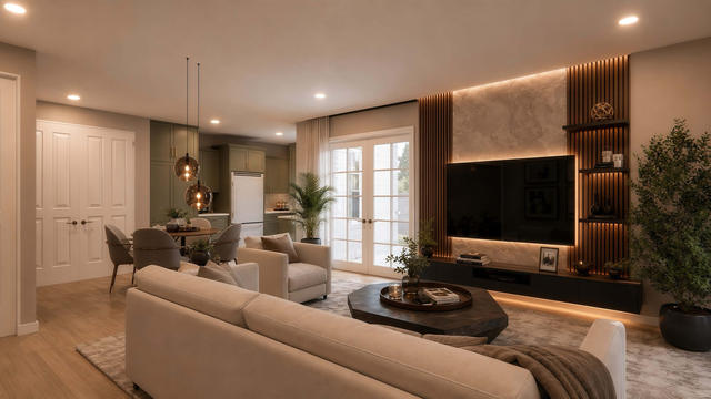 Interior rendering of the open living room showing sofas, media wall, dining area, patio doors, and warm lighting