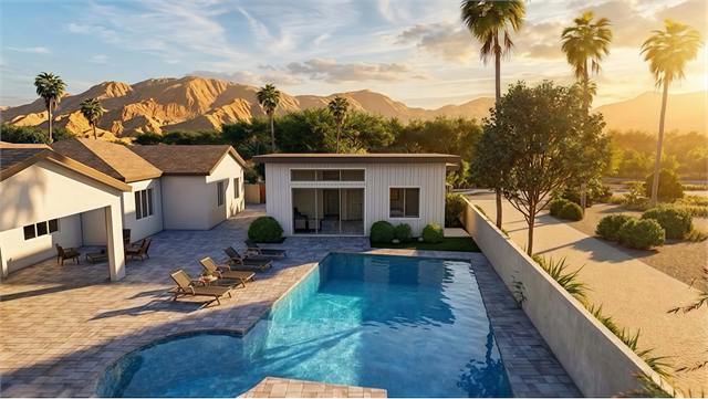 Aerial pool rendering of the casita with garage beside an Arizona home