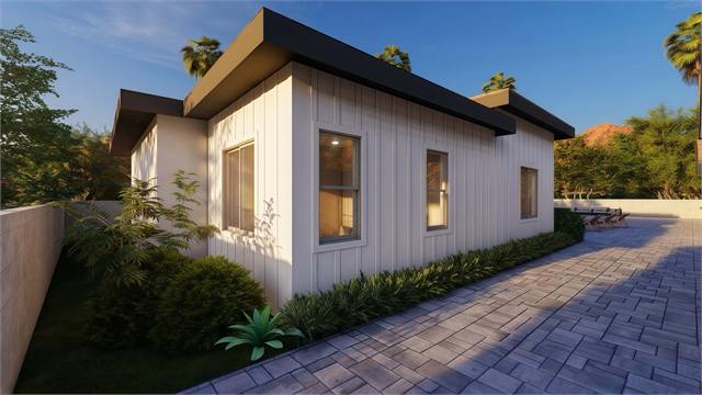 Backyard aerial rendering of the 37 by 32 casita and garage plan