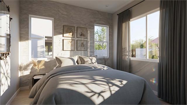 Bedroom rendering for the 37 by 32 casita with garage floor plan