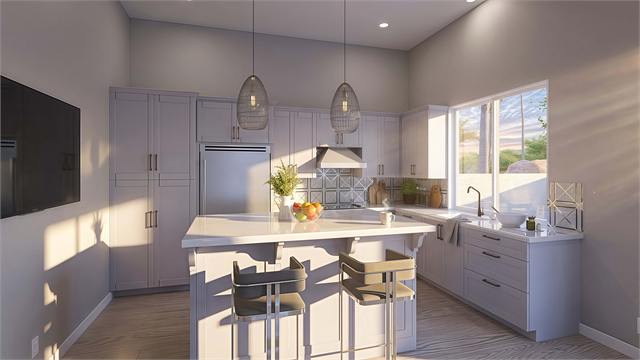 Kitchen island rendering for the casita with attached garage floor plan