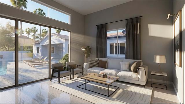 Living room rendering with pool view for the 37 by 32 casita with attached garage