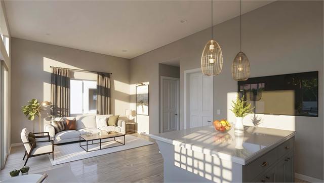 Open living and kitchen rendering for the 37 by 32 casita with garage plan