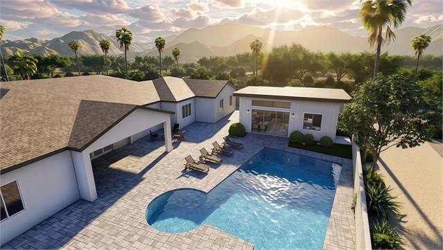 Pool courtyard rendering of a 37 by 32 casita with attached garage