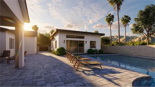 Poolside exterior rendering of the 37 by 32 casita with garage