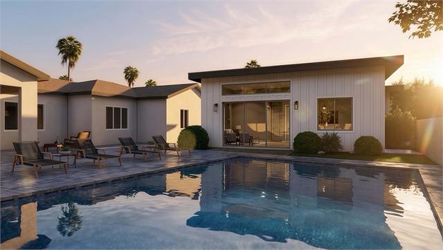 Sunset pool exterior rendering for a one bedroom casita with garage