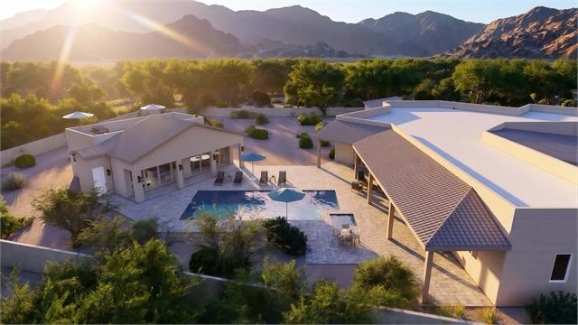 Aerial pool courtyard rendering of the 37 by 35 ADU casita and main home