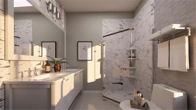Bathroom vanity and shower rendering for the 37 by 35 ADU casita