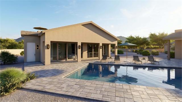 Front pool exterior rendering of the 37 by 35 ADU casita with covered porch