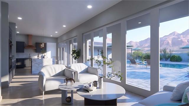 Living room pool view rendering for the 37 by 35 ADU casita