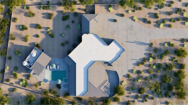 Overhead site rendering of the 37 by 35 ADU casita and surrounding desert property