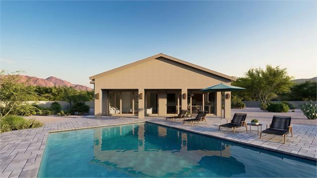 Poolside exterior rendering of the 37 by 35 1300 square foot ADU casita