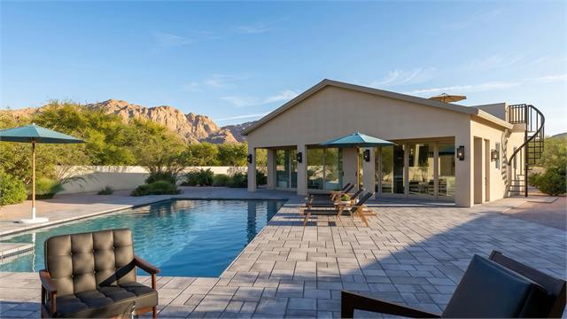 Poolside patio rendering of the 37 by 35 ADU casita with covered porch