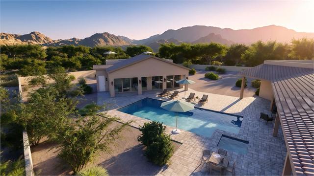 Sunset aerial pool rendering of the 37 by 35 ADU casita