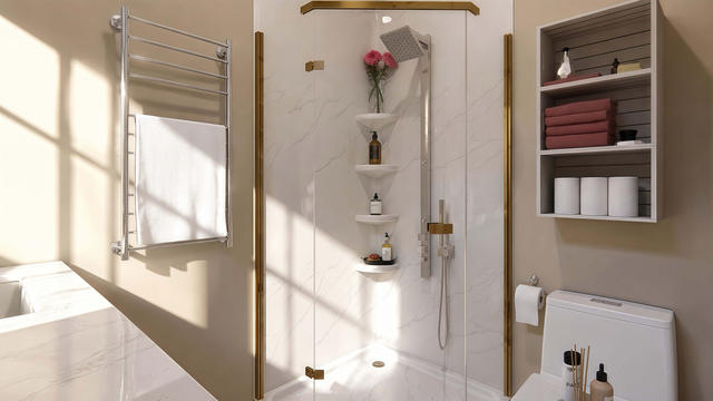 Interior rendering of a full bathroom showing a shower, towel warmer, storage shelves, white tile, and brass fixtures