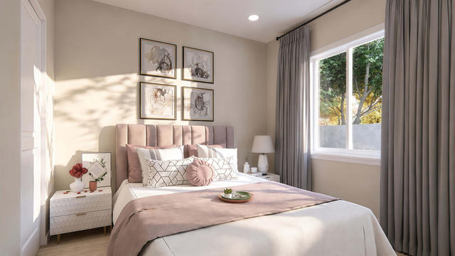 Interior rendering of a bedroom showing a bed, chair, side window, artwork, and soft neutral finishes