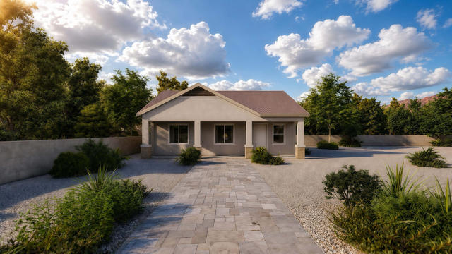 Front exterior rendering of the 37 by 35 casita showing the covered porch, gable roof, paired windows, and paved approach