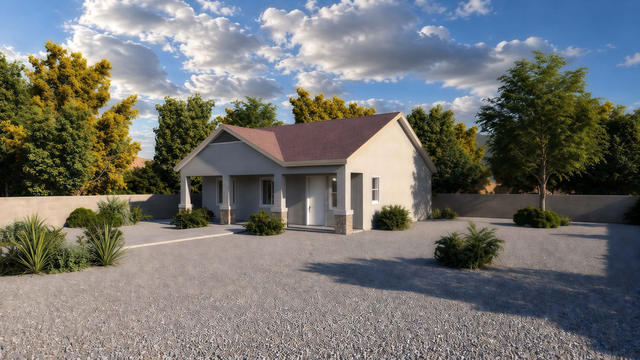 Front three-quarter rendering of the casita showing the covered entry, porch columns, side wall, and landscaped yard