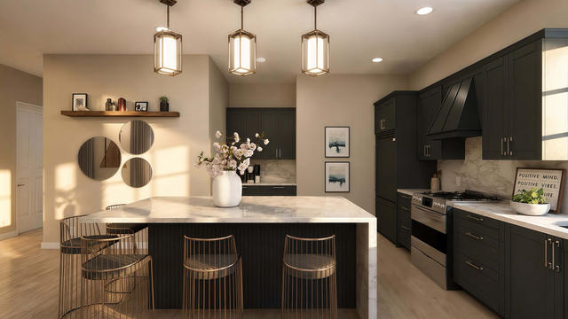 Interior rendering of the kitchen showing dark cabinetry, island seating, pendant lights, and the adjoining living room