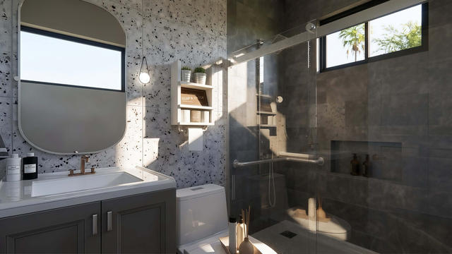 Interior rendering of the full bathroom showing a tiled shower, vanity, toilet, mirrors, and clerestory window