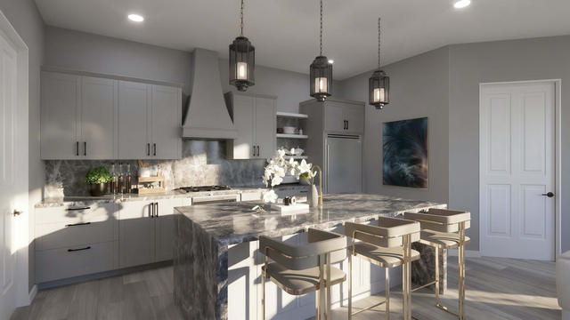 Interior rendering of the kitchen showing light cabinetry, island seating, pendant lights, and adjacent doors