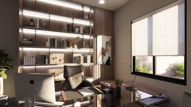 Interior rendering of the dedicated office showing a built-in work wall, desk, shelving, and side window