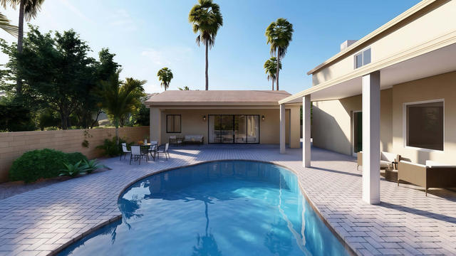 Exterior rendering of the casita showing the covered patio, adjacent carport structure, glazed doors, and pool setting