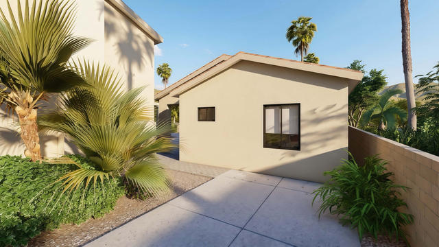 Side exterior rendering of the 40 by 29 casita showing stucco walls, sloped roof, windows, and a paved connection