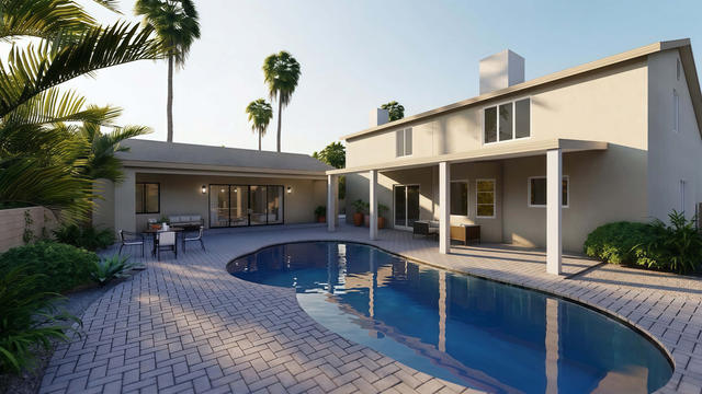 Wide exterior rendering of the casita and adjacent house showing the long patio roof, yard, and pool connection