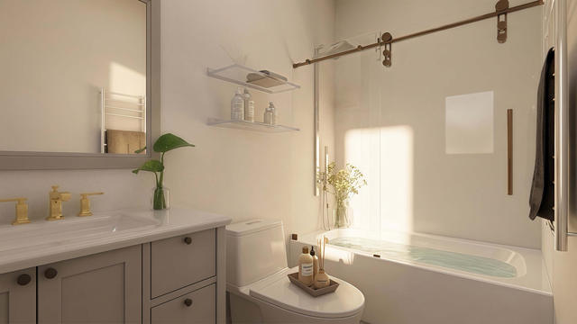 Bathroom view of the source-documented 1,580-square-foot, 40-by-43-foot three-bedroom casita, showing full bath and vanity.
