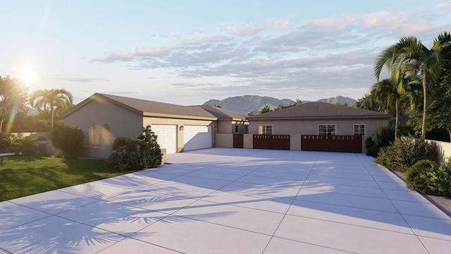 Front Drive view of the source-documented 1,580-square-foot, 40-by-43-foot three-bedroom casita, showing broad front elevation.