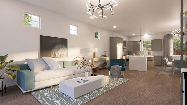 Great Room view of the source-documented 1,580-square-foot, 40-by-43-foot three-bedroom casita, showing open living and dining space.